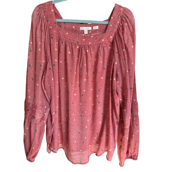 Lauren Conrad size XL pink print square neck pleated balloon sleeve peasant top - Picture 1 of 8